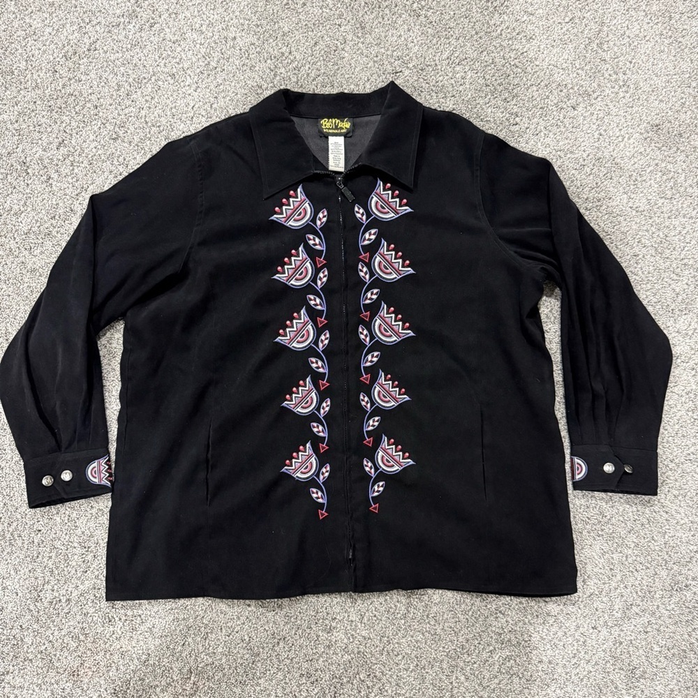 Bob Mackie Wearable Art Embroidered Zipup Black Jacket Artsy Teacher Women’s 2X